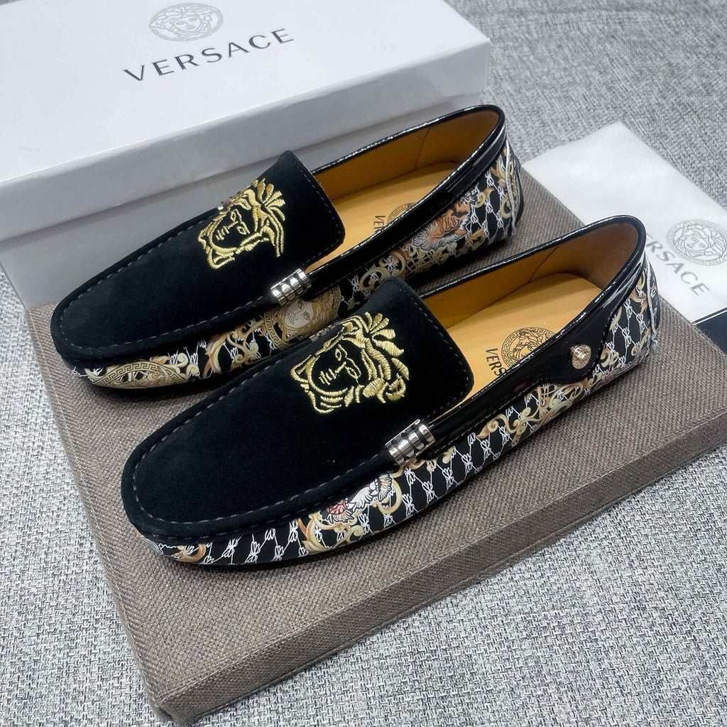 Versace Black Patterned Side Loafers — side