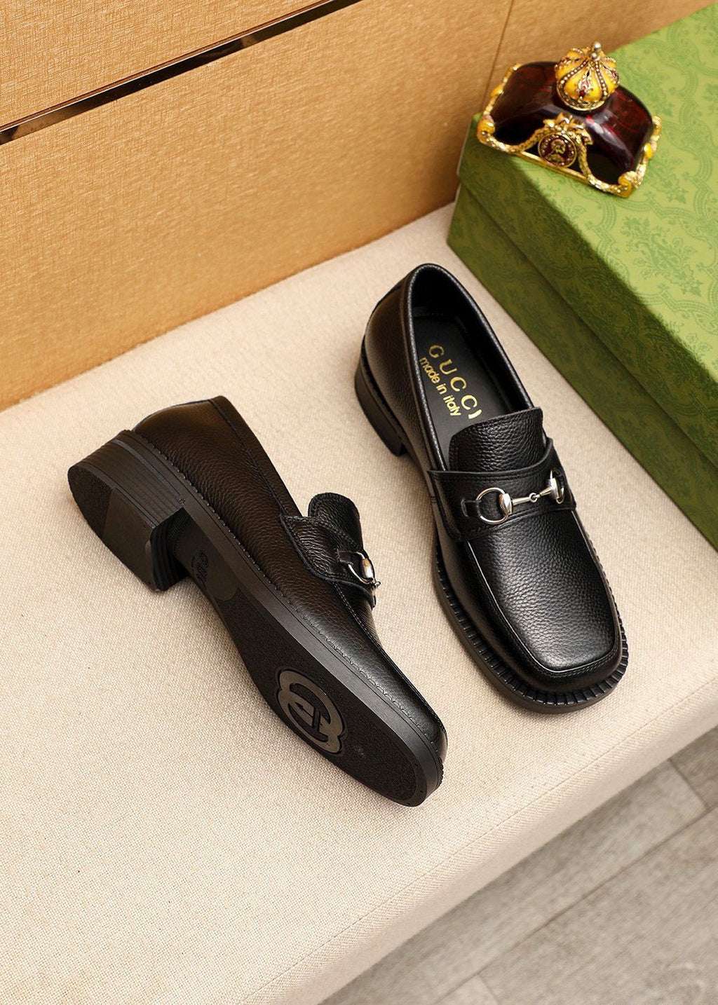 Gucci Black Textured Leather Loafers — hero