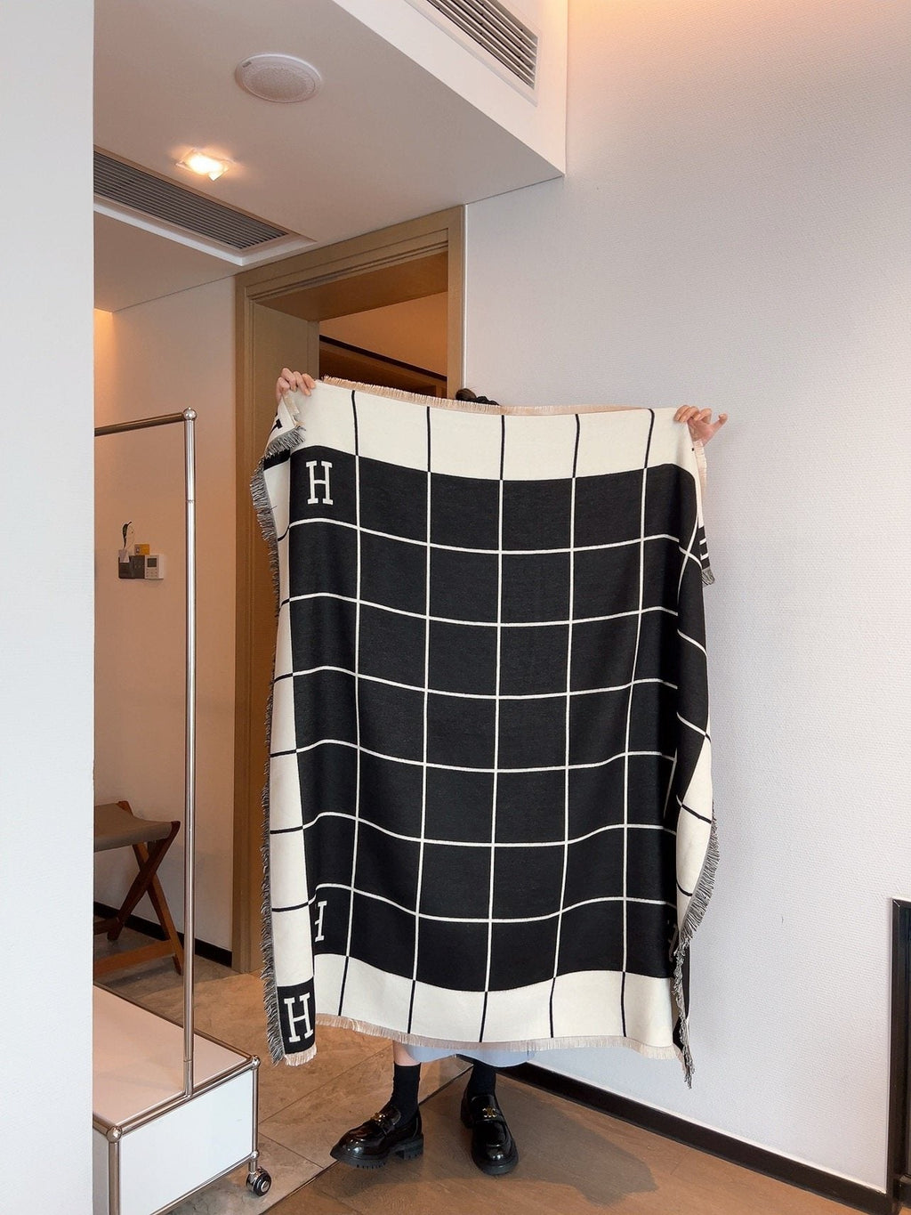 Hermès Black & Ivory Grid Square Scarf — front