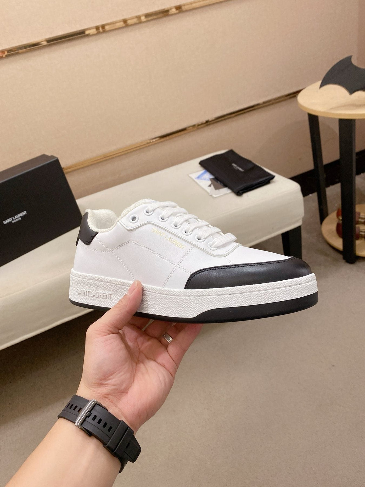 Saint Laurent White & Black Toe-Cap Sneakers — side