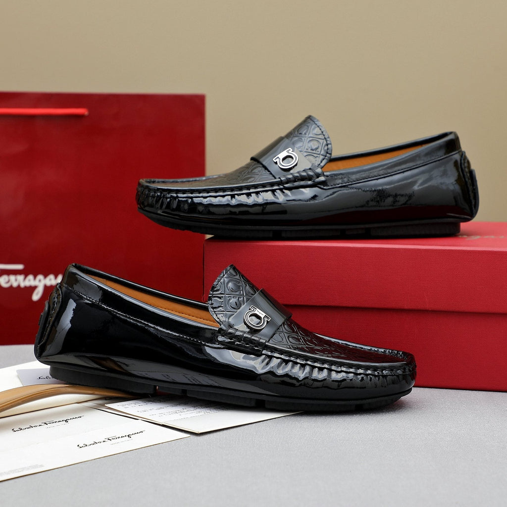 Ferragamo Black Metal-Strap Loafers — side