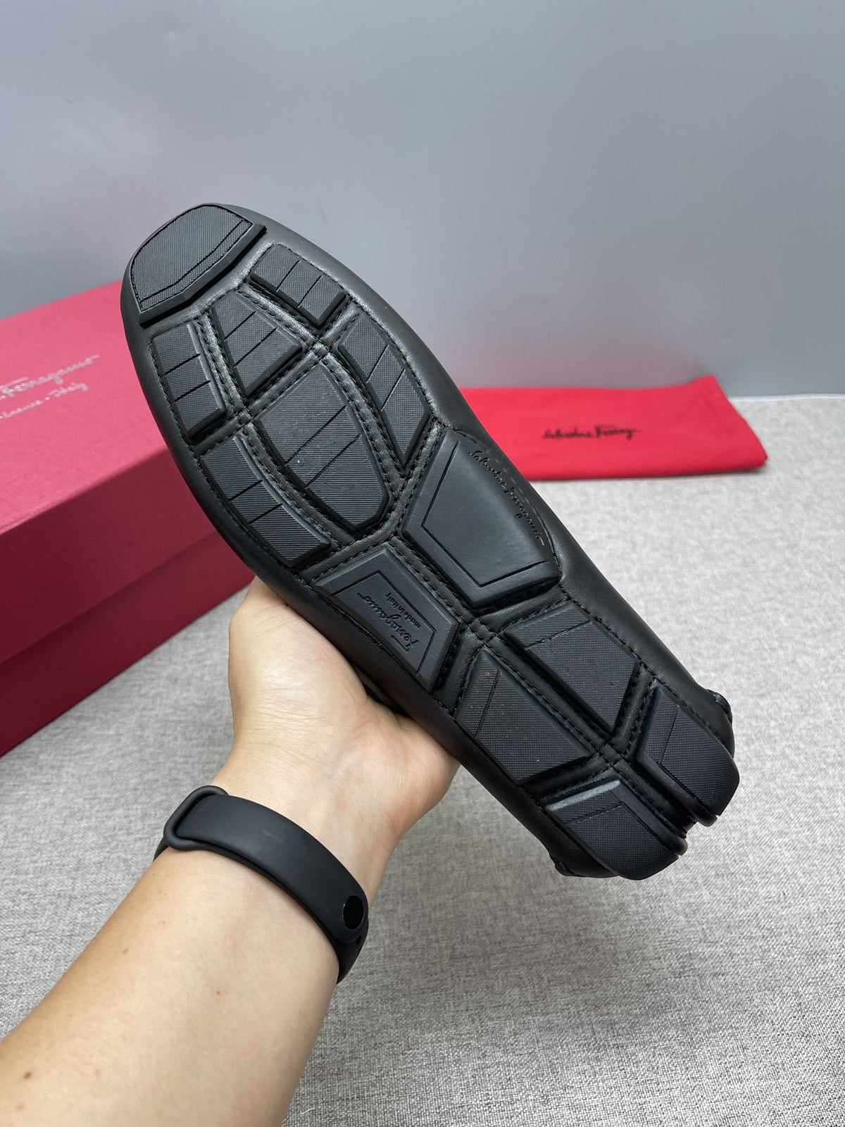 Ferragamo Black Leather Driving Loafers — detail