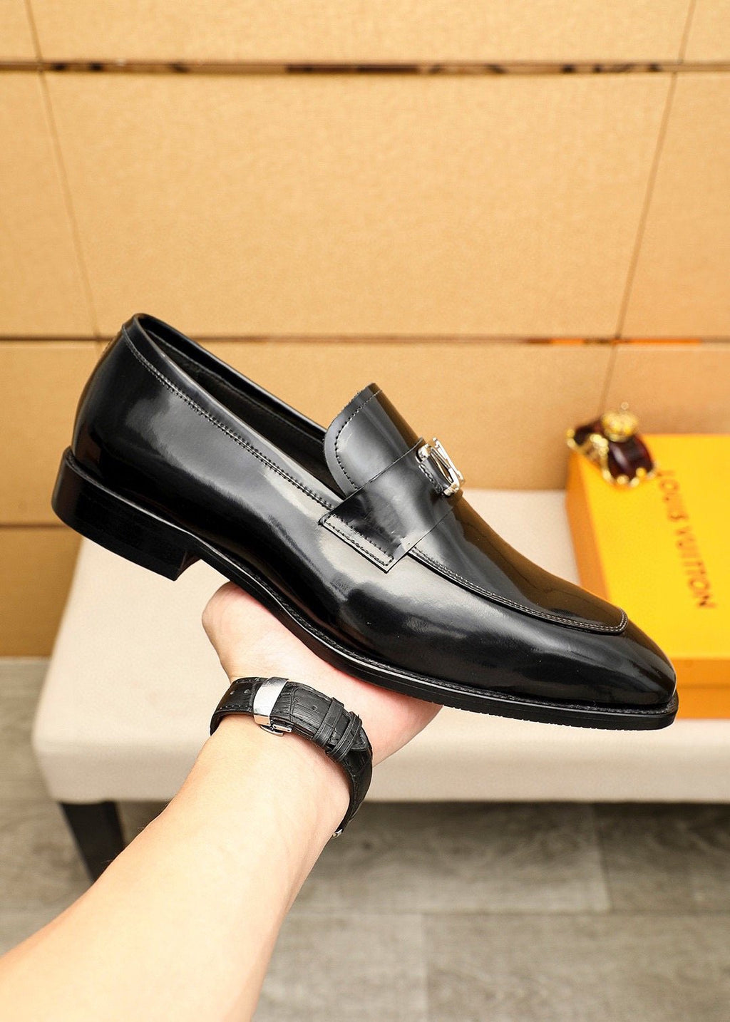 Louis Vuitton Glossy Black Leather Loafers — side