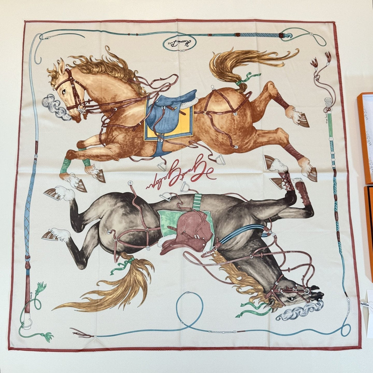 Hermès Cream Equestrian Silk Square Scarf — front
