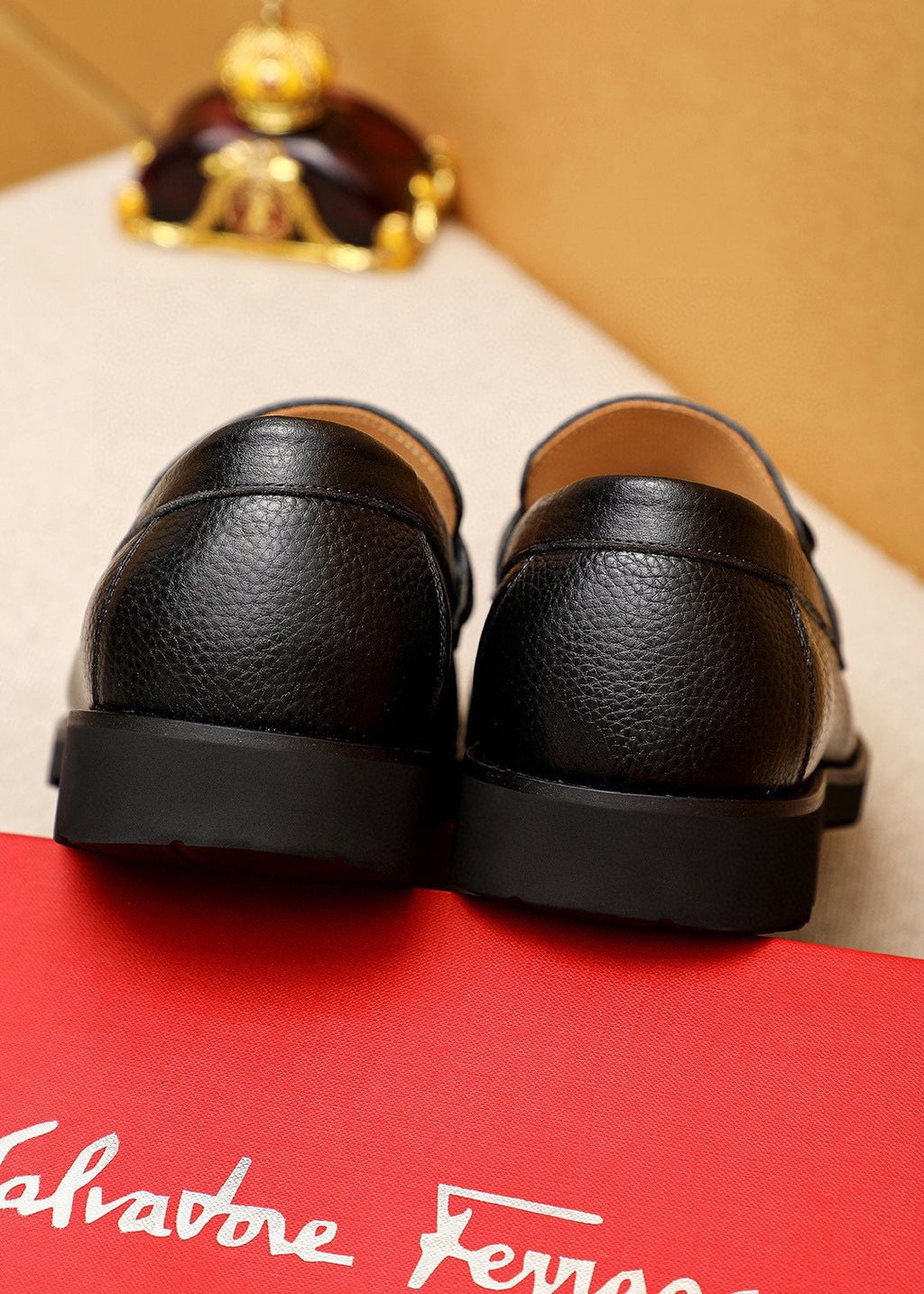 Ferragamo Pebble-Grain Buckle Slip-On Shoes — detail