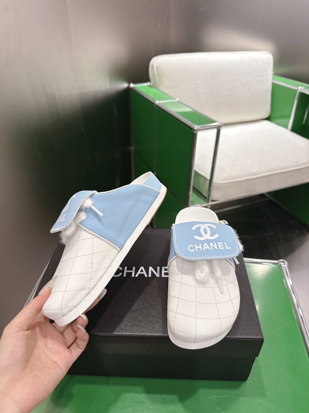 Chanel Quilted Closed-Toe Slide Sandals — side
