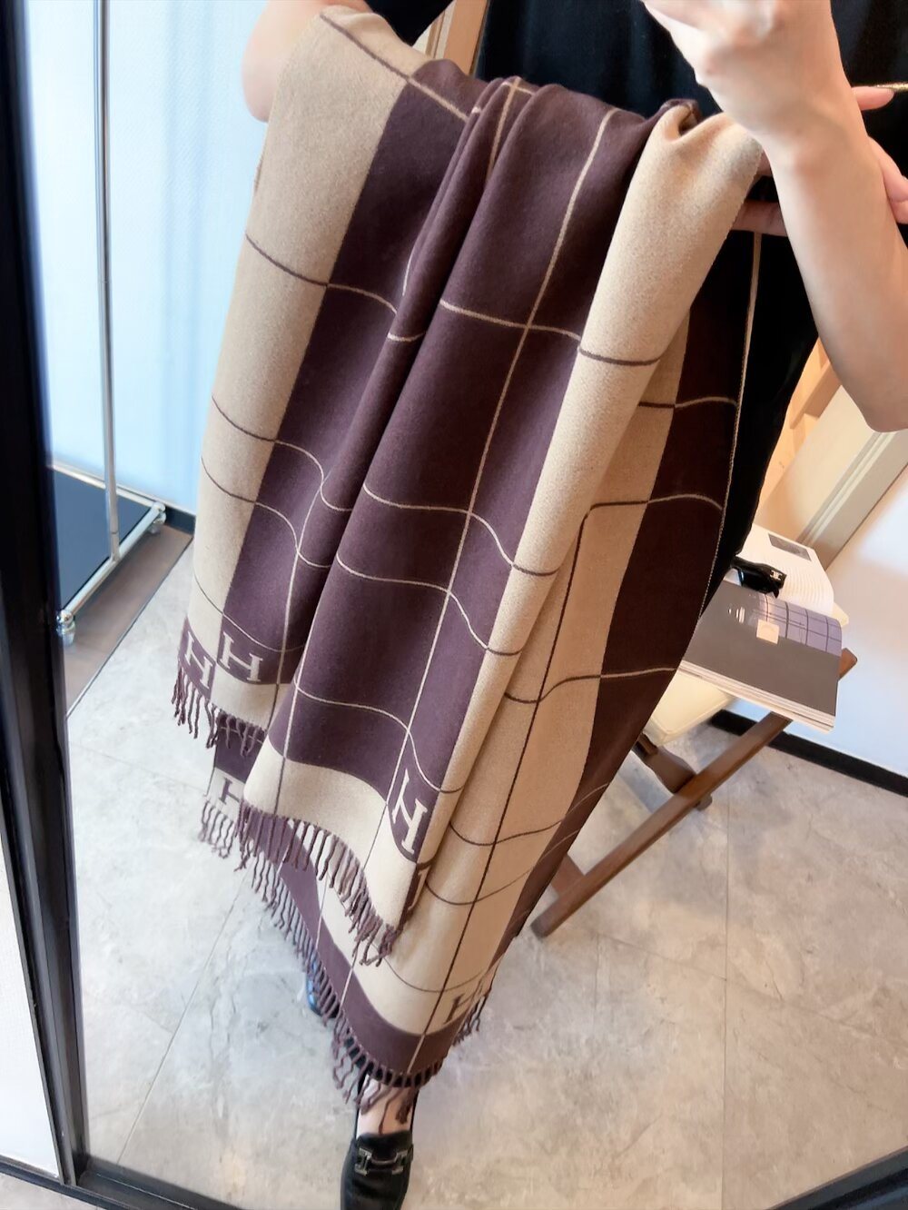 Fringed Grid Motif Scarf — model