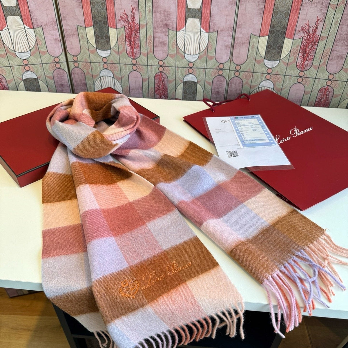 Loro Piana Pink Tan Lavender Plaid Scarf — side
