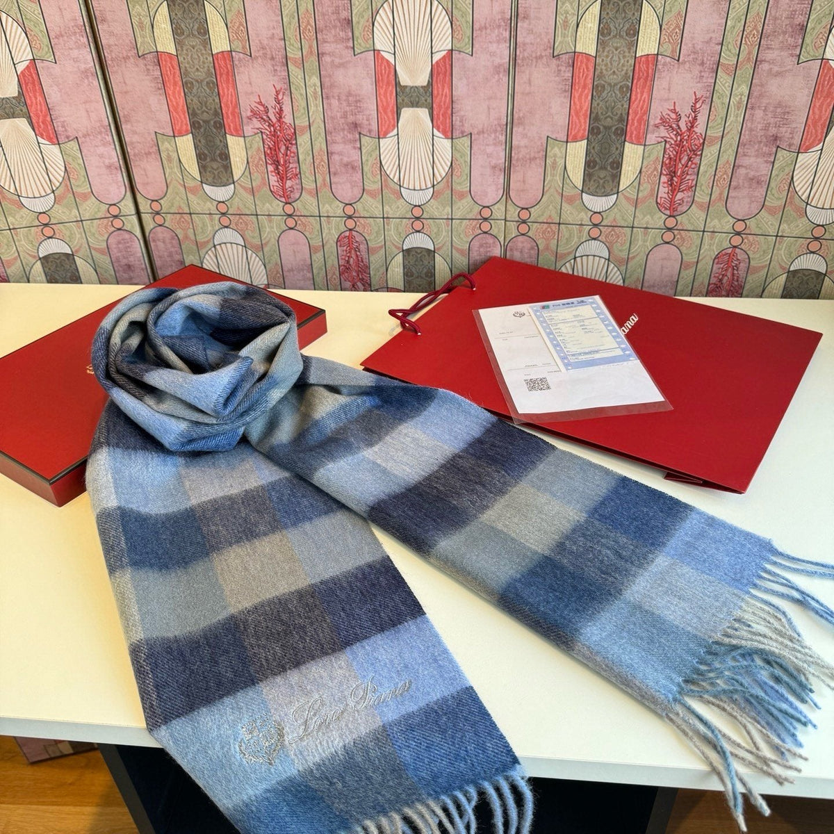 Loro Piana Pink Tan Lavender Plaid Scarf — side