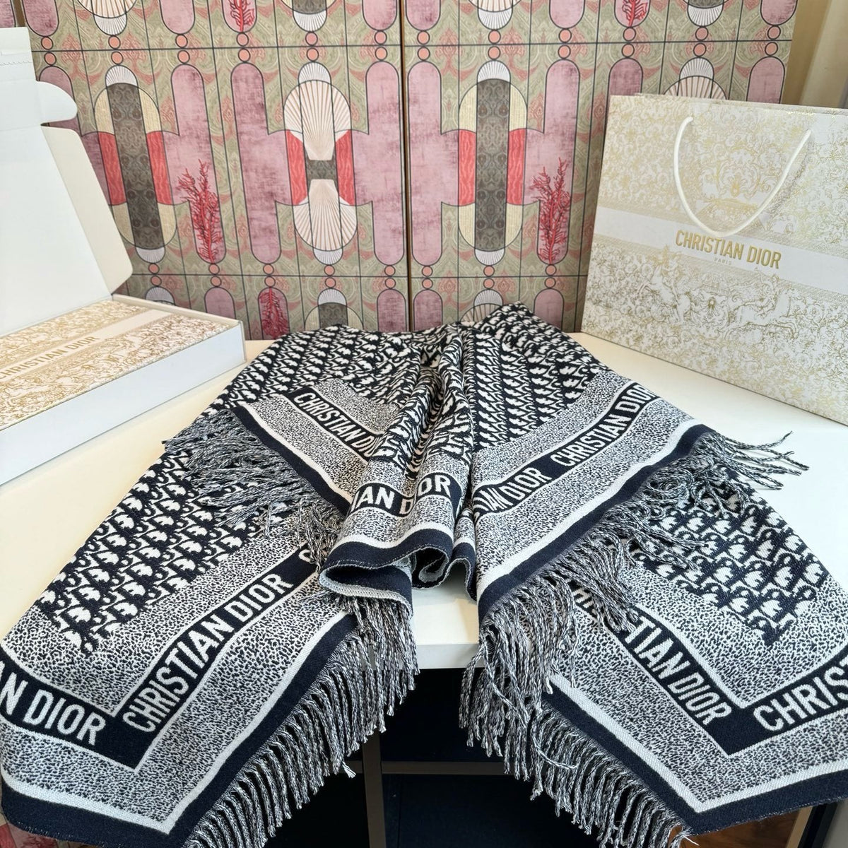 Dior Fringed Monogram Scarf — front
