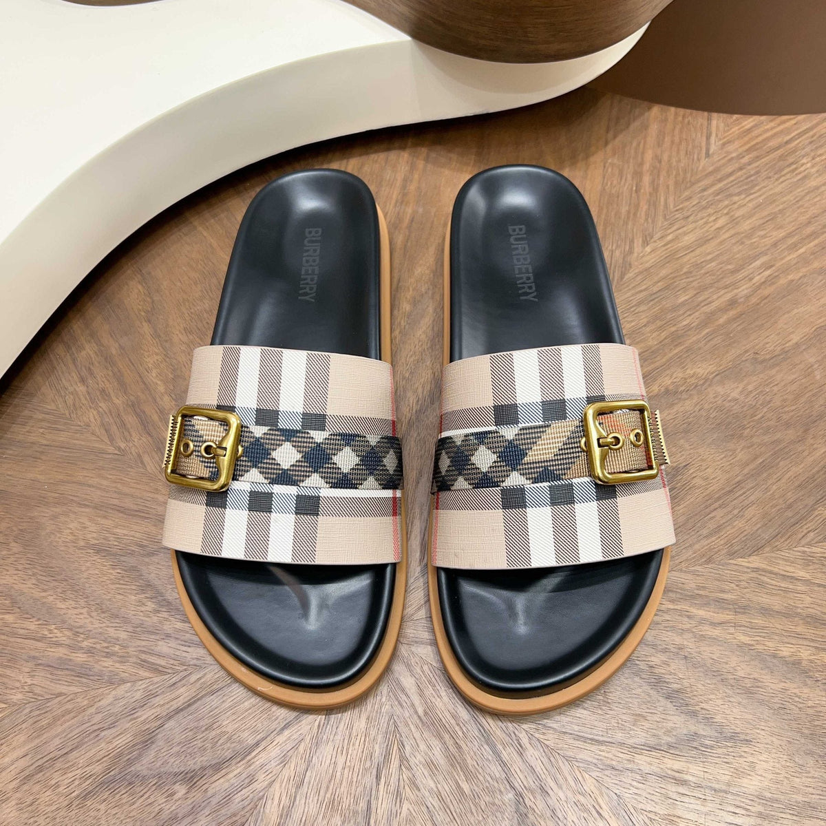 Plaid Buckle Slide Sandals — hero