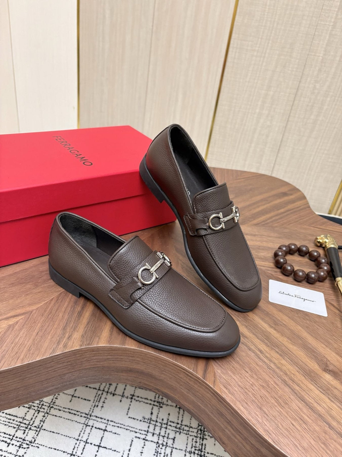Ferragamo Dark Brown Metal Bit Loafers — front
