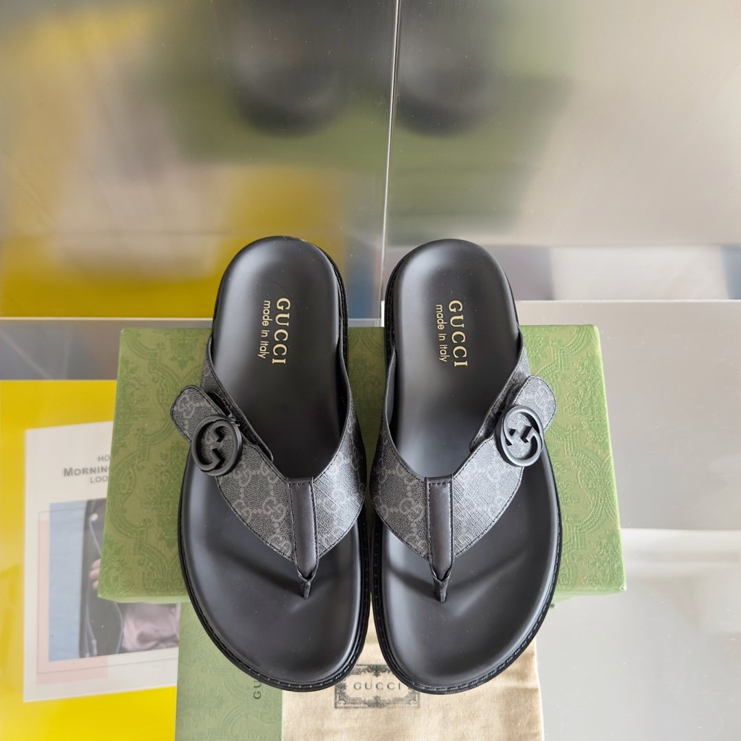 Gucci Black and Gray Monogram Toe-Post Sandals — front